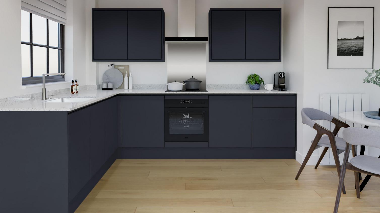 Hockley Super Matt Navy Handleless EKES L Shape Main Set Shot