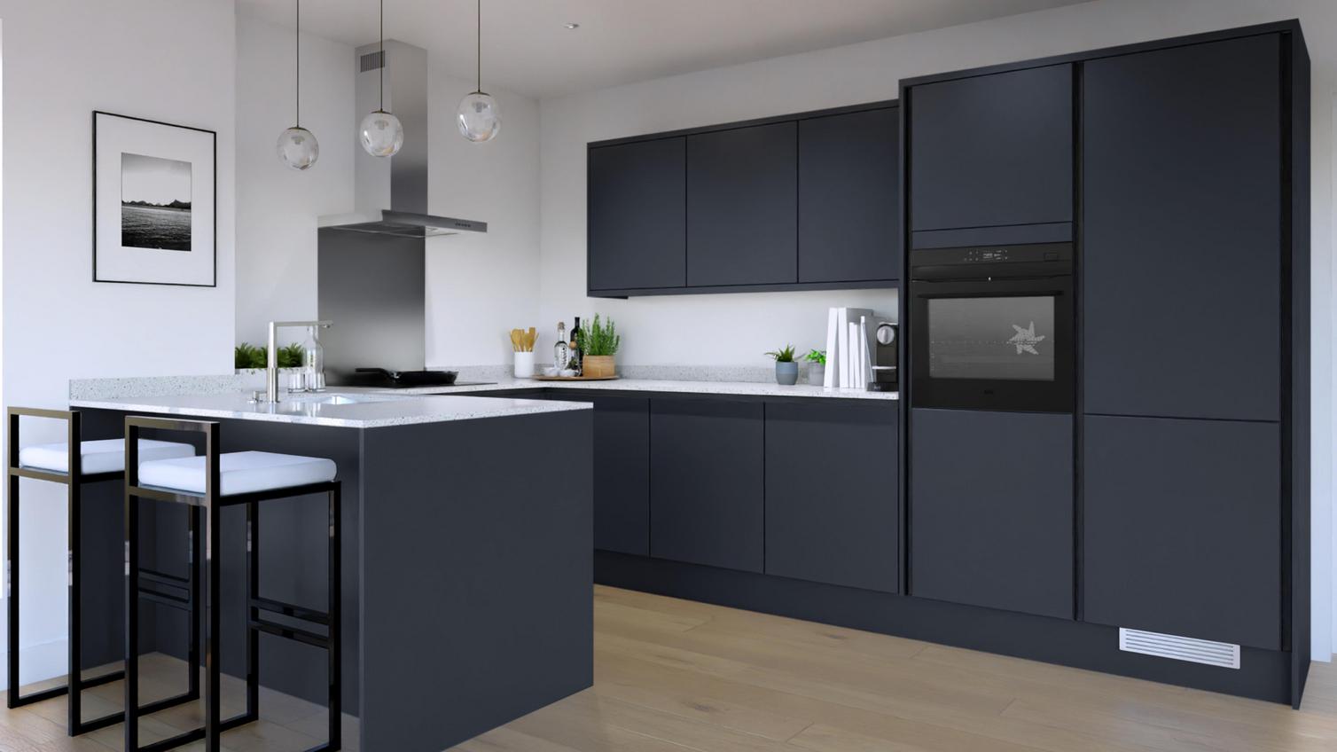 Hockley Super Matt Navy Handleless EKES Peninsula Main Set Shot