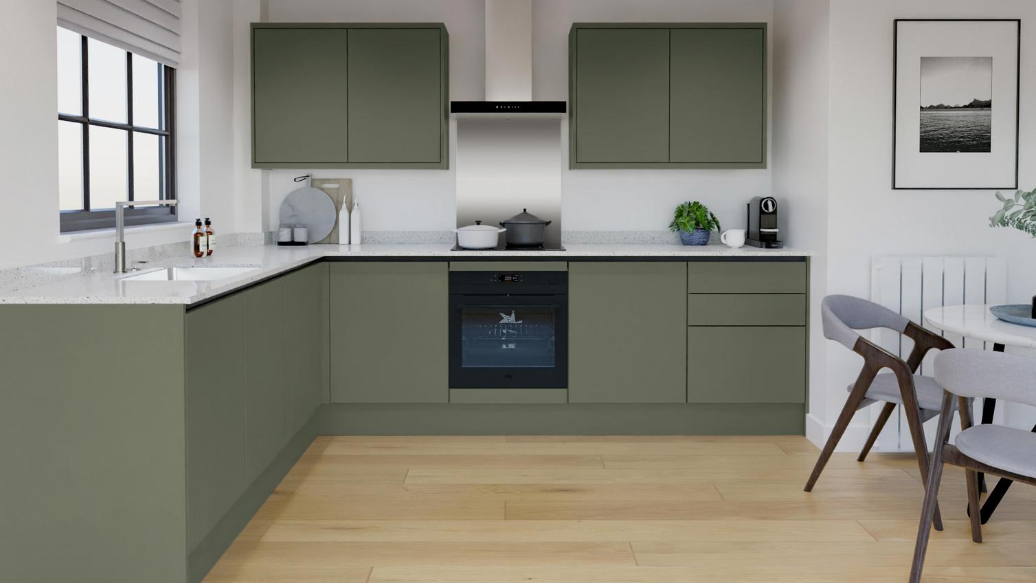 Hockley Super Matt Reed Green Handleless L Shape