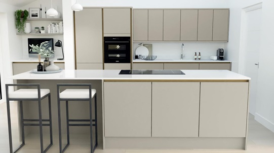 Hockley Super Matt Handleless Sandstone EKES Island Main Set Shot