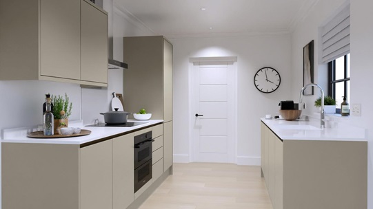 Hockley Super Matt Handleless Sandstone EKES Galley Main Set Shot