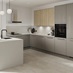 A gloss modern kitchen in a peninsula layout and sand grey colour. It has a white breakfast bar and integrated appliances.