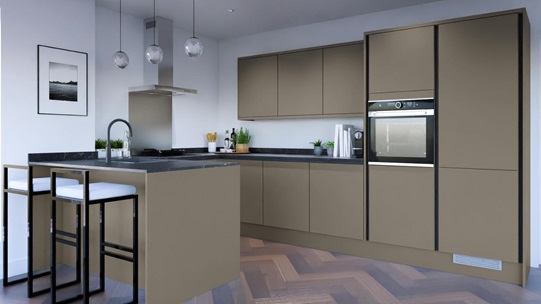 Hockley Mirror Gloss Sand Grey Handleless EKES Peninsula