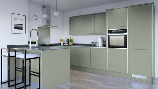 Hockley Mirror Gloss Reed Green Handleless EKES Peninsula