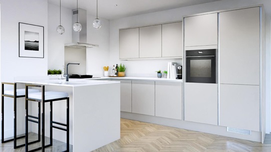 Hockley Mirror Gloss Dove Grey Handleless EKES Peninsula Main Set Shot