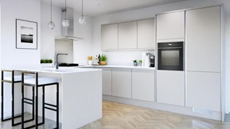 Hockley Mirror Gloss Dove Grey Handleless EKES Peninsula Main Set Shot