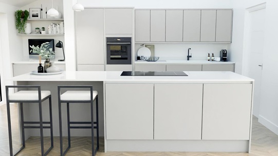 Hockley Mirror Gloss Dove Grey Handleless EKES Island Main Set Shot