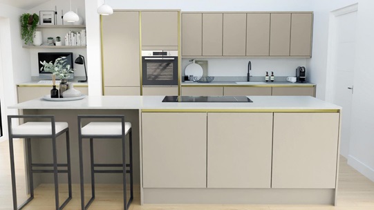 Hockley Mirror Gloss Handleless Sandstone EKES Island Main Set Shot