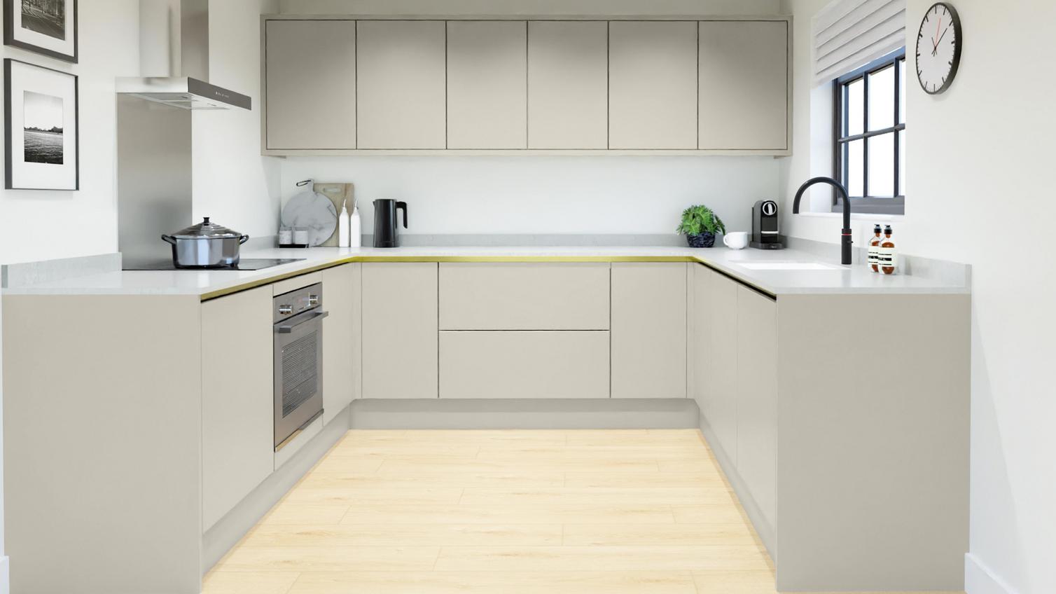 Hockley Mirror Gloss Sandstone Handleless EKES UShape Main Set Shot