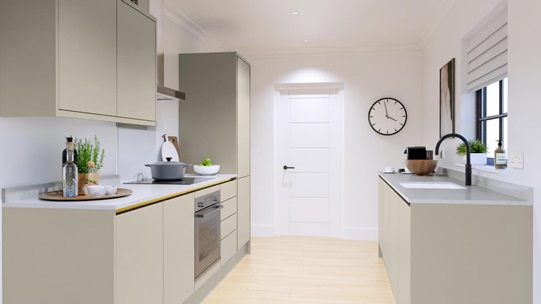 Hockley Mirror Gloss Handleless Sandstone EKES Galley Main Set Shot