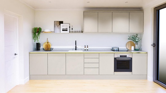 Hockley Mirror Gloss Handleless Sandstone EKES Single Wall Main Set Shot