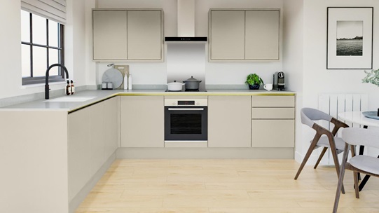 Hockley Mirror Gloss Handleless Sandstone EKES LShape Main Set Shot