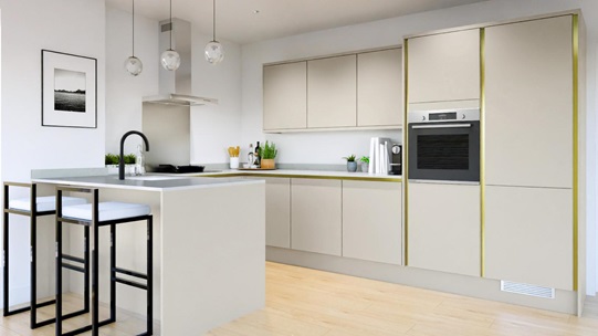 Hockley Mirror Gloss Handleless Sandstone EKES Peninsula Main Set Shot