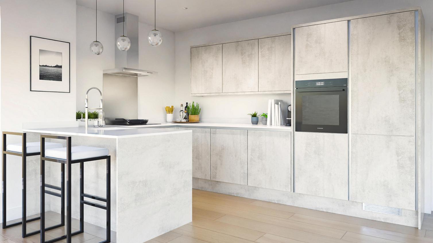 Hockley Textures White Stone Handleless Peninsula EKES 