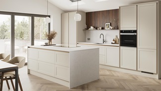 A porcelain, handleless kitchen island in a matt finish & shaker style. It has quartz worktops with side panels & backboard.