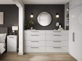 Hockley Gloss Dove Grey Bedroom Warderobe, Drawers, and Bedside Table