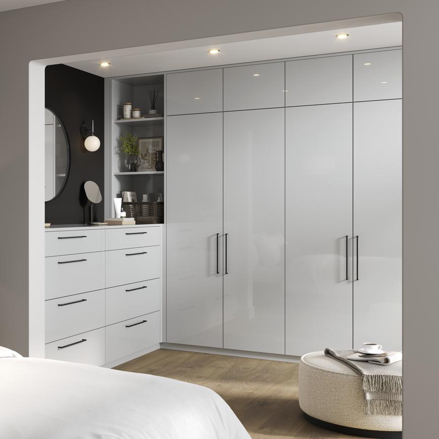 Hockley Gloss Dove Grey Main Set Shot Warderobe, Chest of Drawers, and Bedside Table