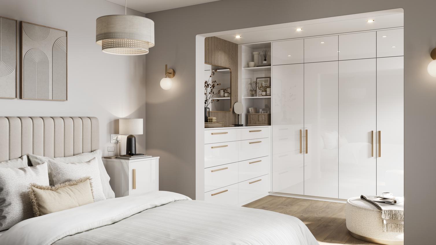 Hockley Gloss White Main Set Shot Warderobe, Chest Of Drawers, and Bedside Table
