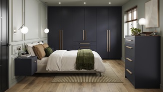 Hockley Super Matt Navy Main Set Shot Warderobe, Drawers, and Bedside Table