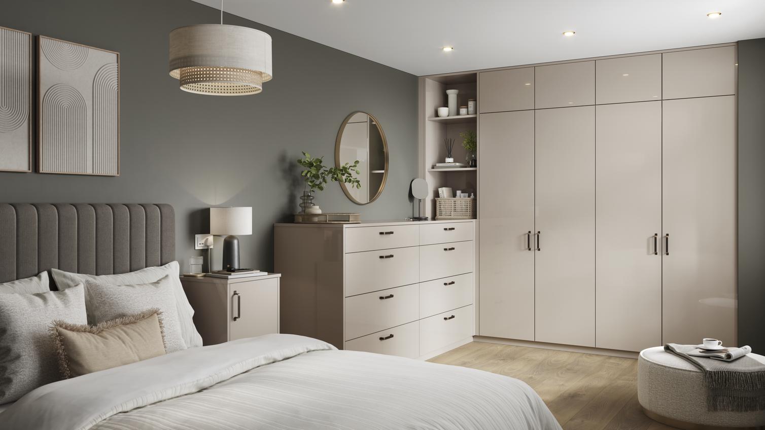 Hockley Gloss Sandstone Bedroom Warderobe, Chest of Drawers, and Bedside Table
