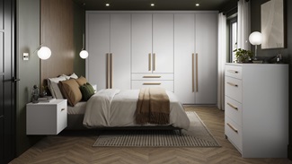 Hockley Super Matt Dove Grey Main Set Shot Warderobe, Drawers, and Bedside Table