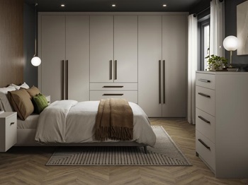 Hockley Super Matt Sandstone Main Set Shot Warderobe, Chest Of Drawers, and Bedside Table