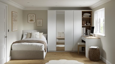 A gloss white bedroom with shelves and mirrored wardrobe door. The room has warm oak-style flooring and a matching dresser.