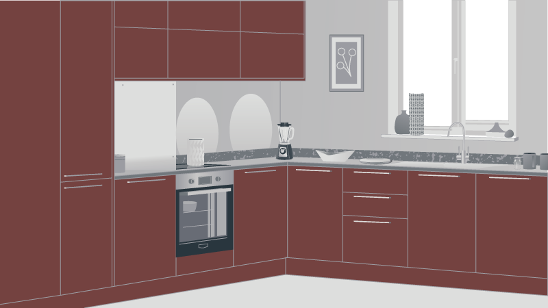 Dark red fitted kitchens