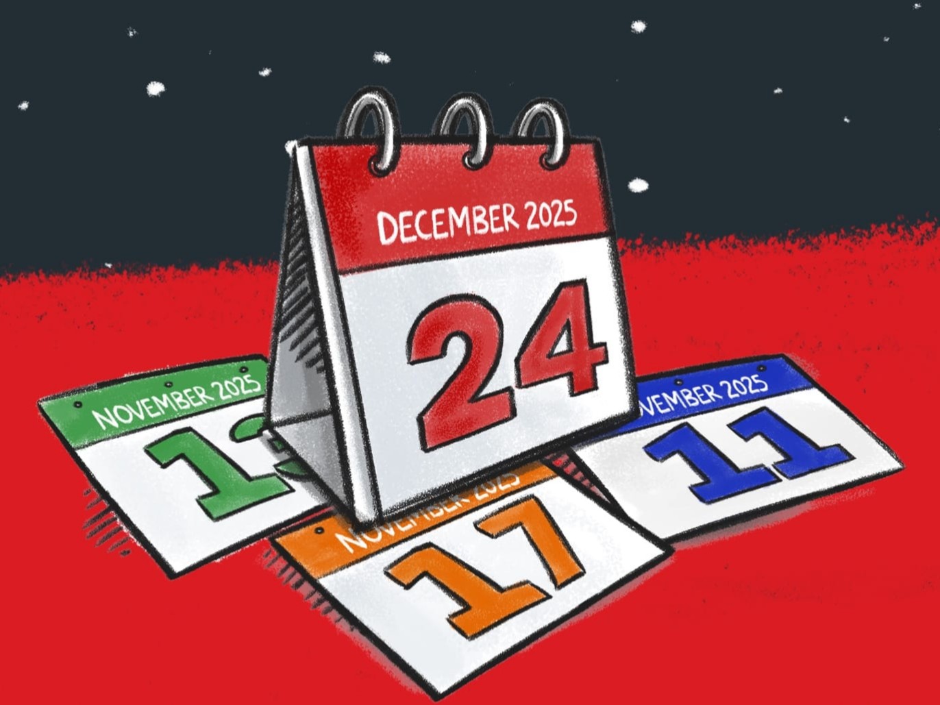 Illustration sketch of a calendar reading 24th December, with pages scattered underneath,