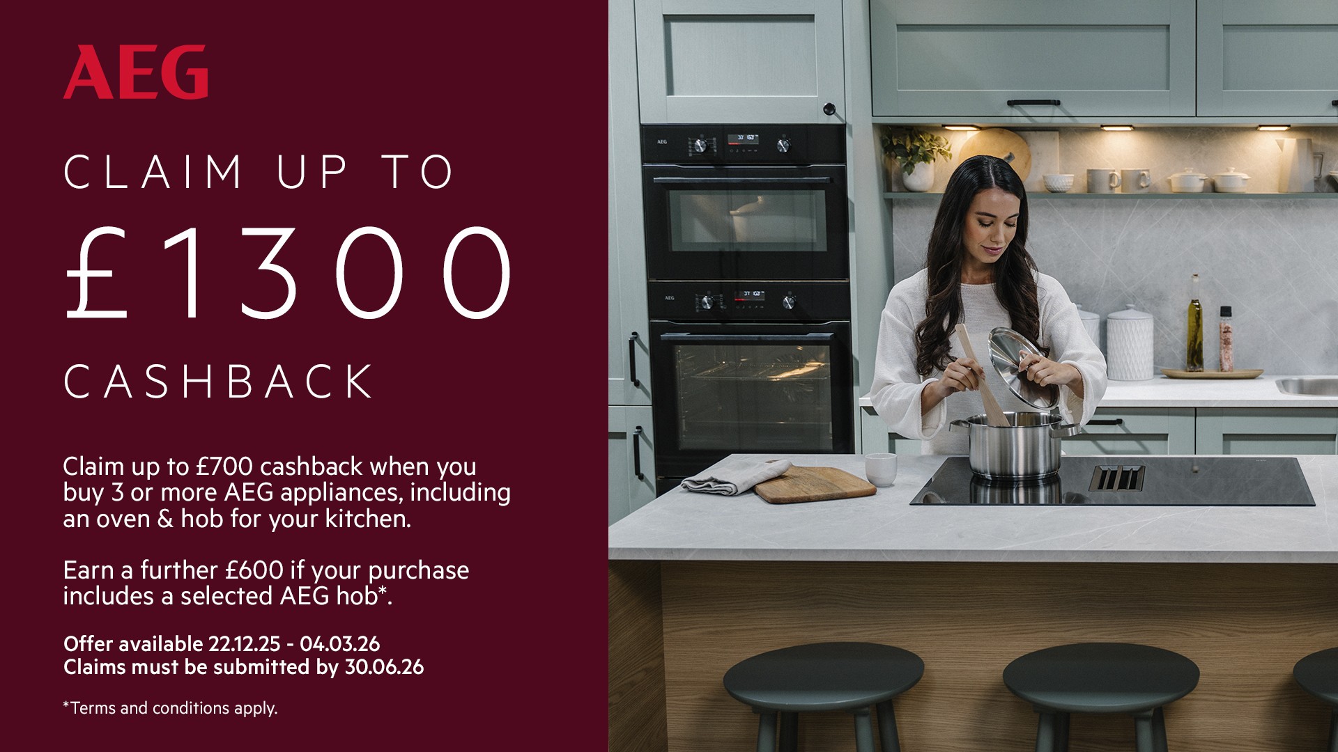 A modern light kitchen showcasing a cashback offer of up to £1300 when buying certain appliances with a AEG brand logo