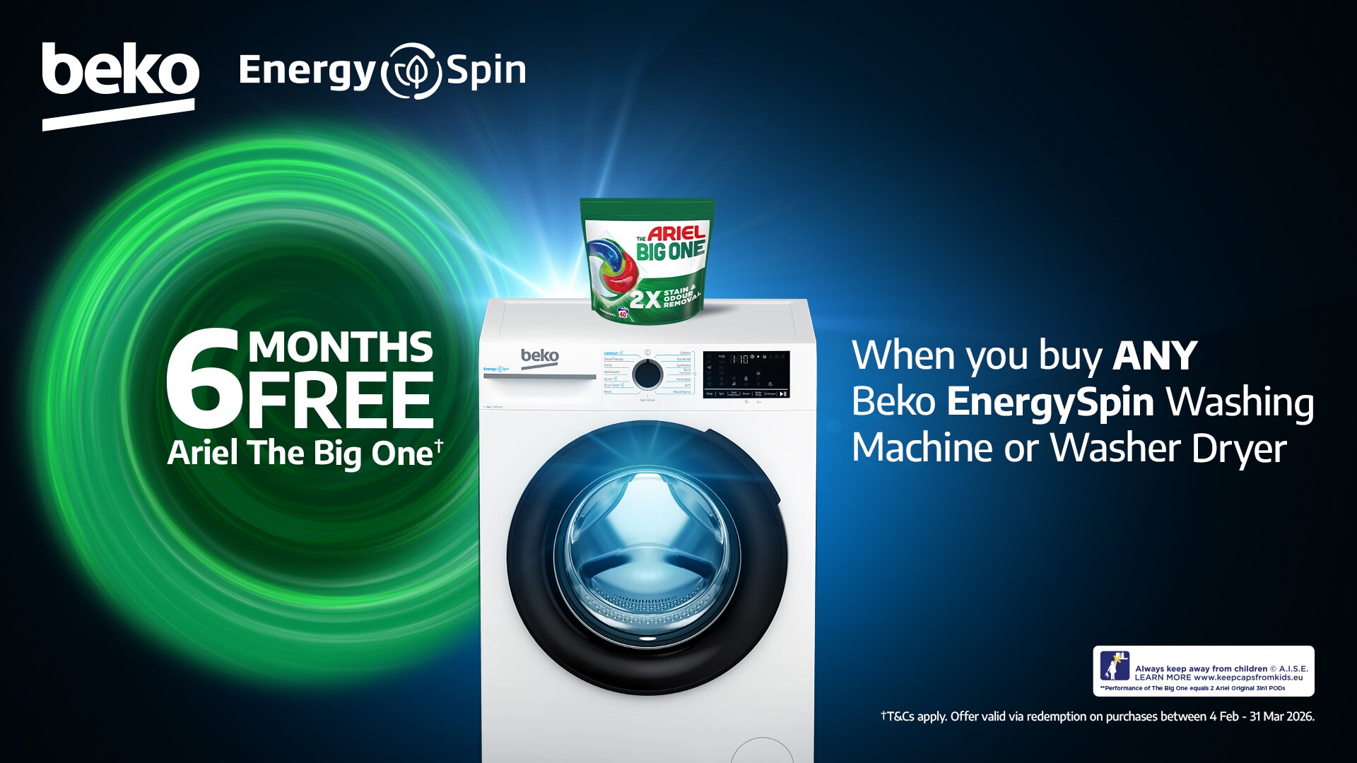 A Beko washing machine on a blue background with a green flash showcasing 6 months free ariel tablets when purchasing an energy spin beko washing machine