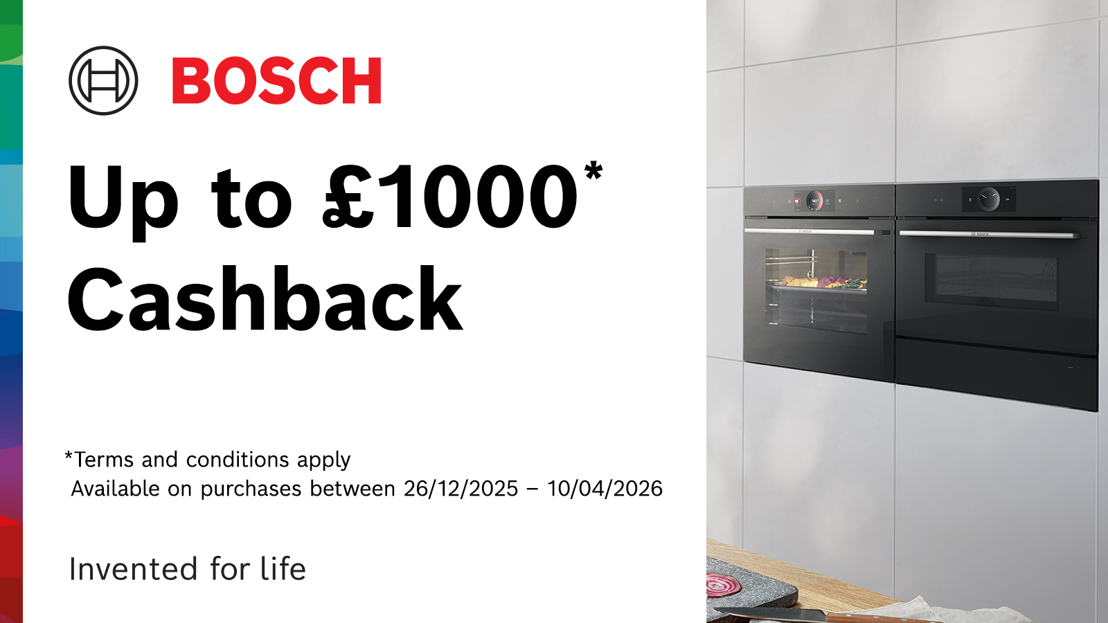 Bosch cooking appliances built into a grey kitchen with conditions on a winter cashback for up to £1000, showing the dates available and the Bosch logo