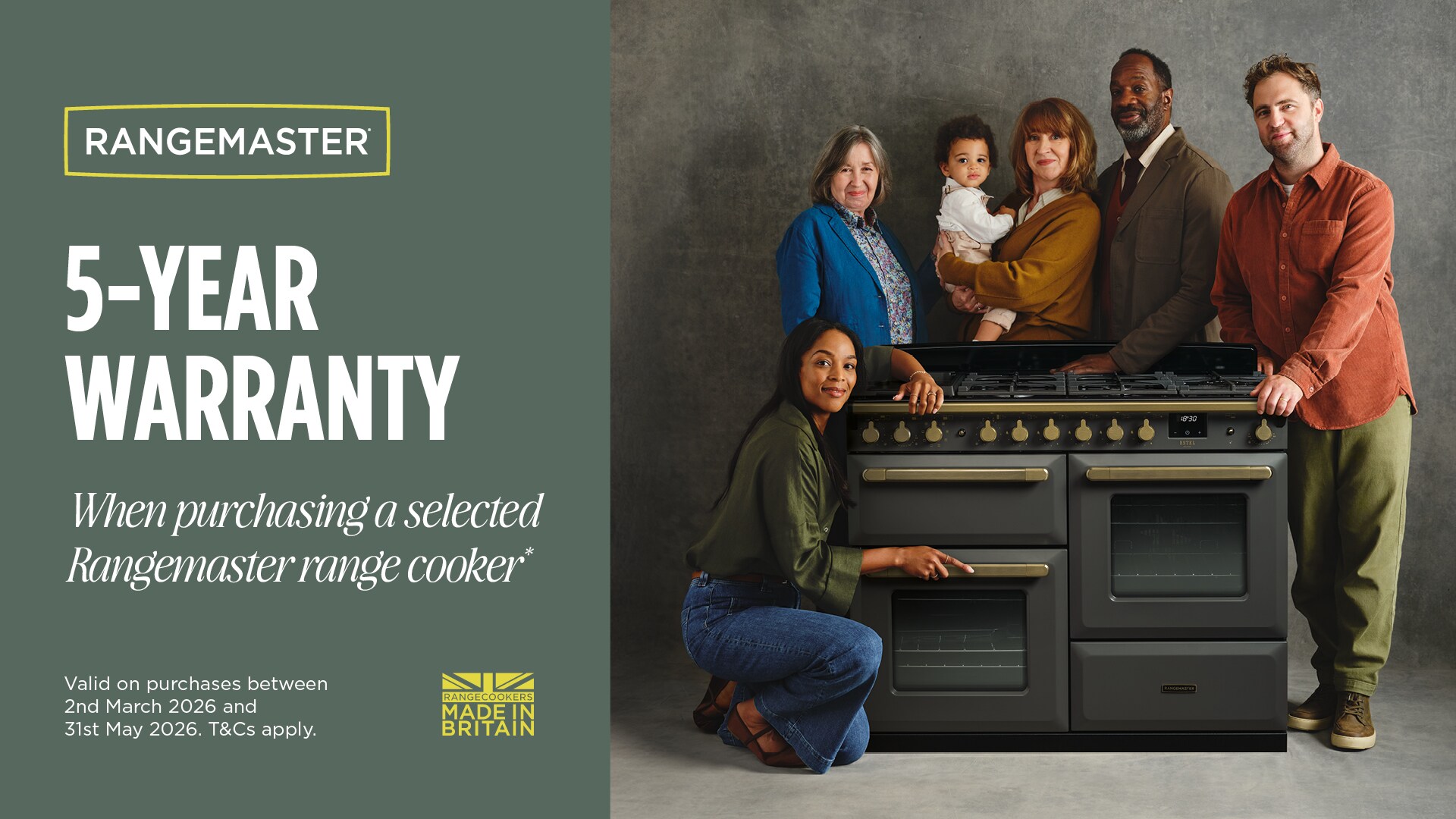 Rangemaster 5 year warranty with a Rangemaster logo showing a group of people in front of a luxury range cooker in a grey room