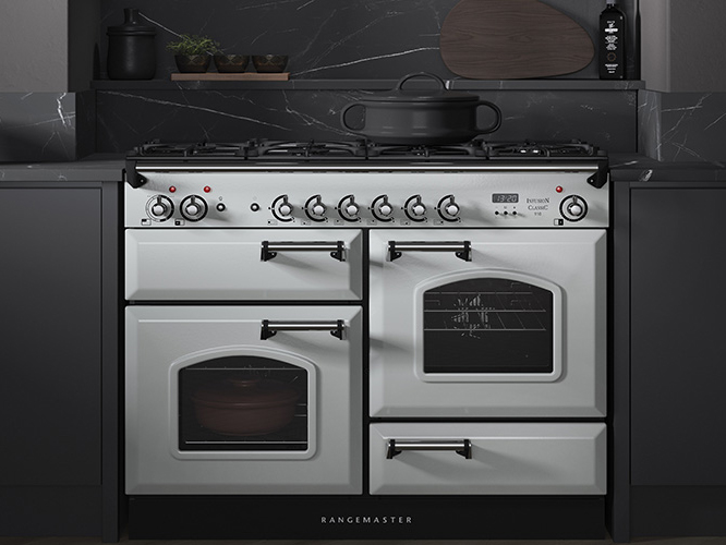 Rangemaster royal pearl cooker in Howdens kitchen