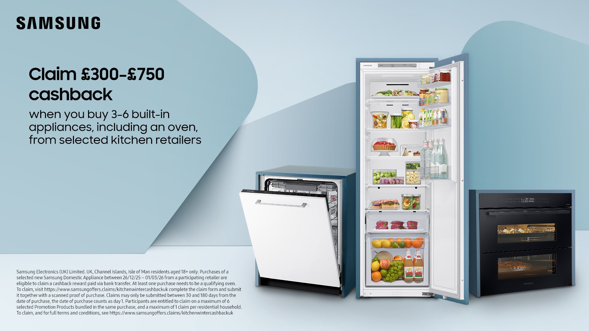 Samsung appliances on a blue background showcasing up to £750 cashback when purchasing Samsung appliances during a certain period of time