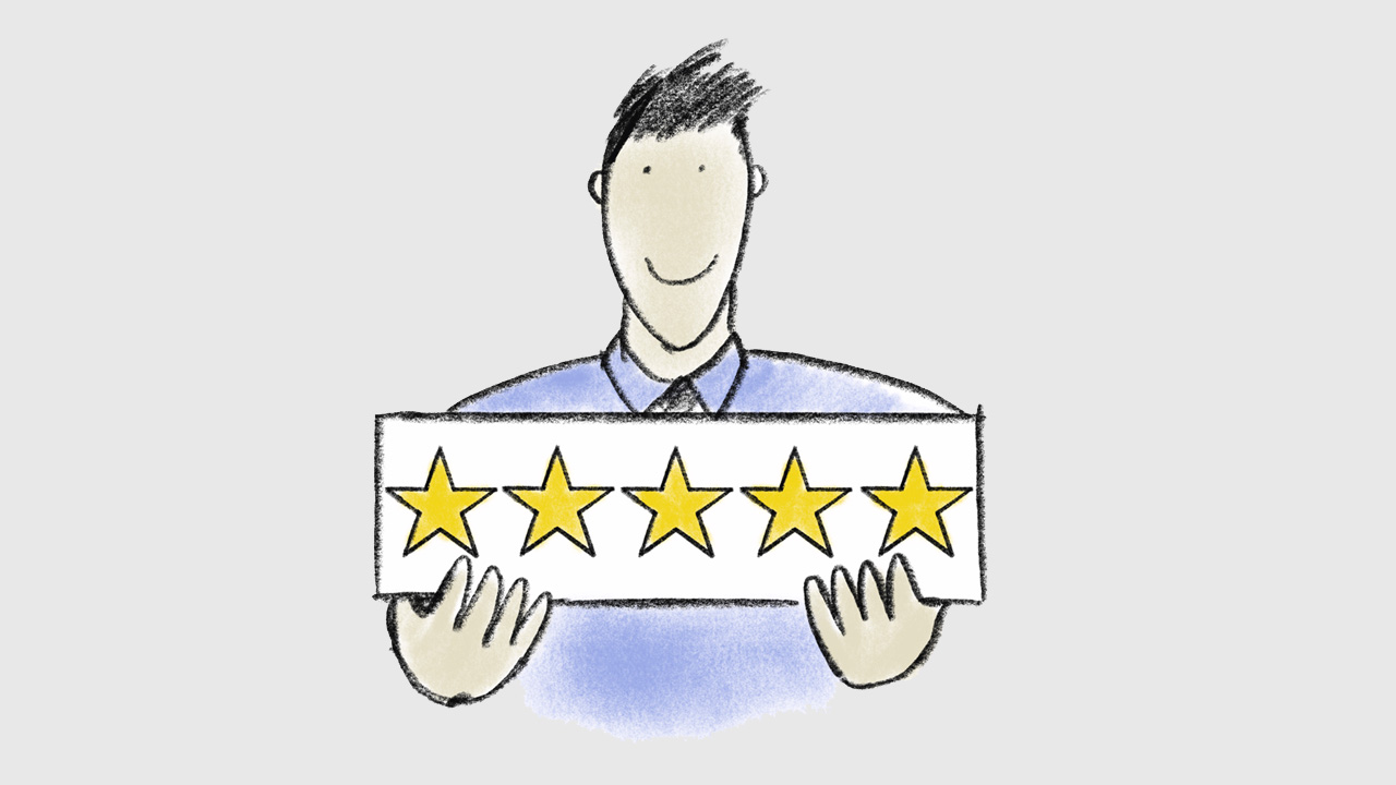 Man holding 5 star review