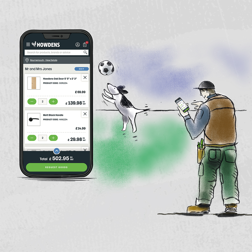 Builder making an order using mobile phone, dog playing with ball and close up of mobile phone screen showing product ordering