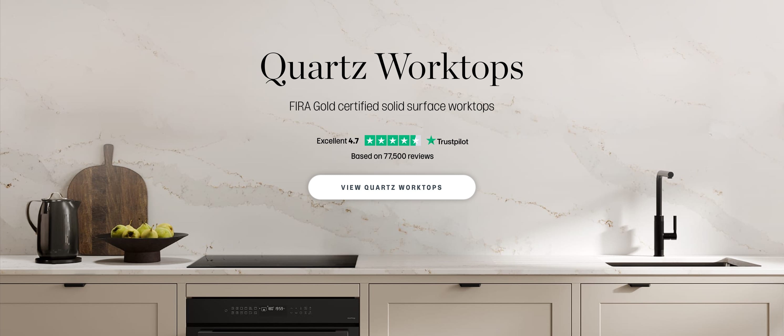 FIRA gold certified solid surfaces. View quartz worktops. 