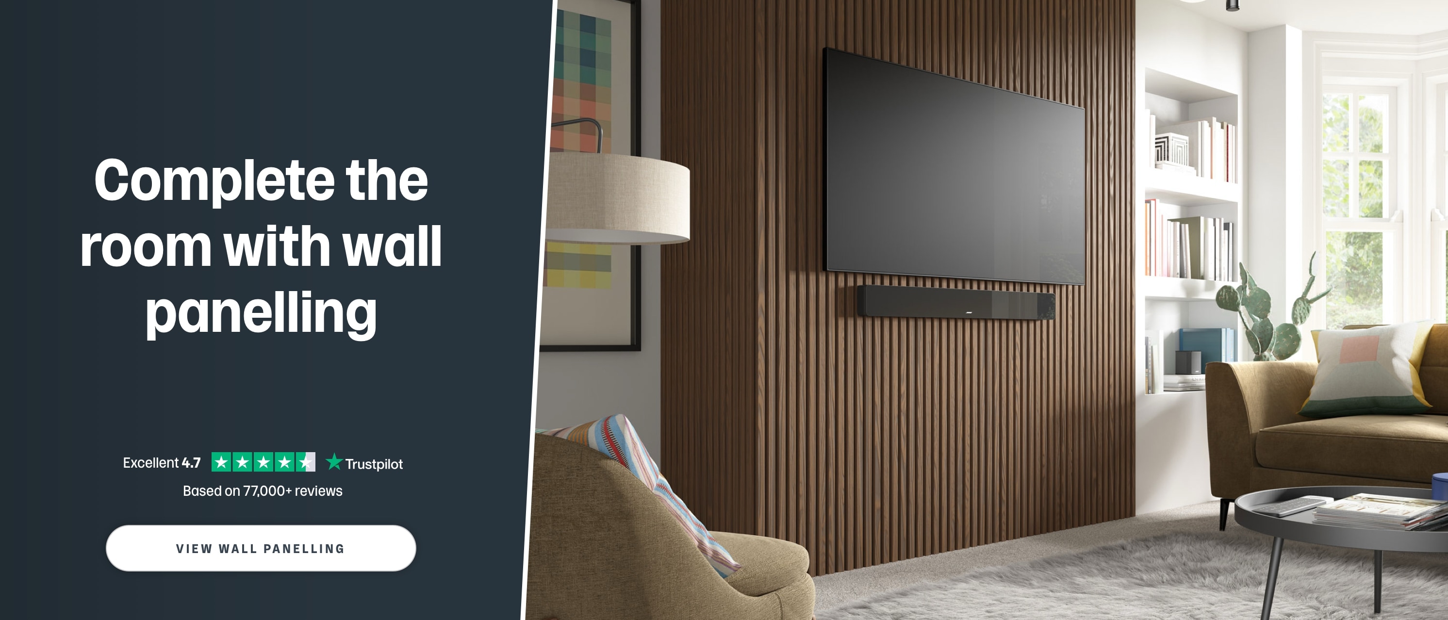 TV mounted on wall panelling.  View wall panelling.