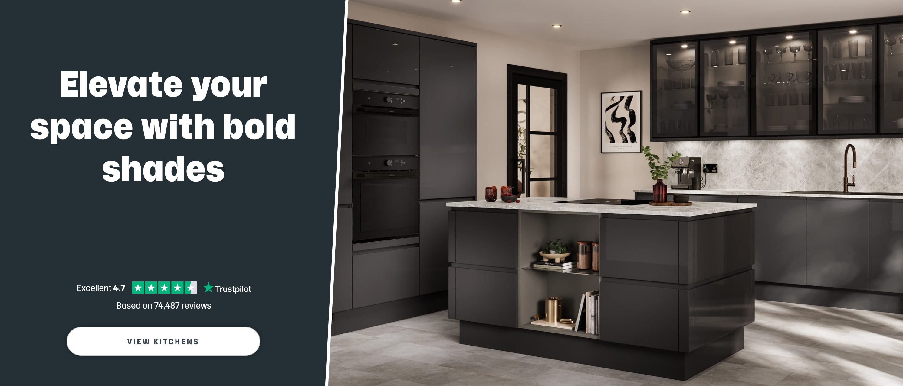 Elevate your space with bold shades. Black kitchen with an island and black appliances. Click to view kitchens.