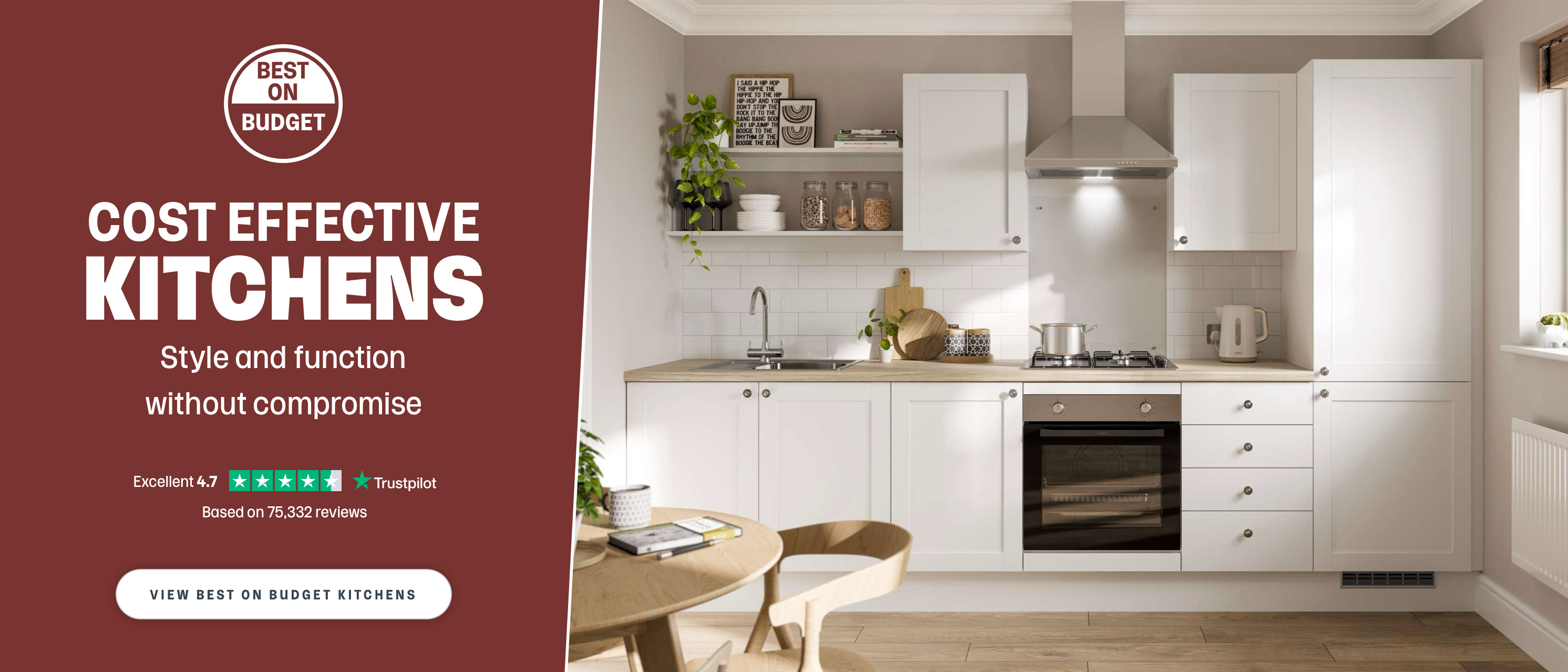 Cost effective kitchens. White budget range kitchen. View best on budget kitchens. 