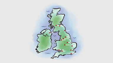 Illustration of a UK map for Howdens depots listed by town and city