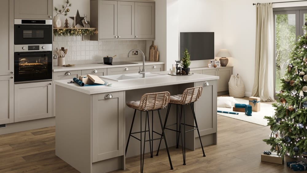 Allendale kitchen in Pebble colour set shot with island and Christmas decorations