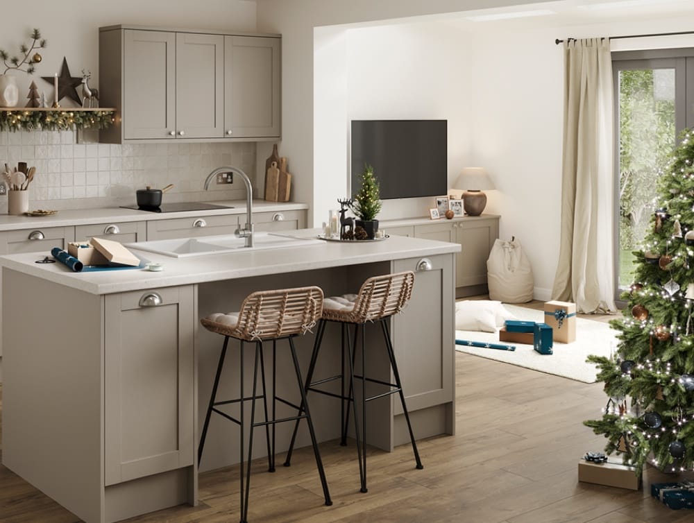 Allendale kitchen in Pebble colour set shot with island and Christmas decorations