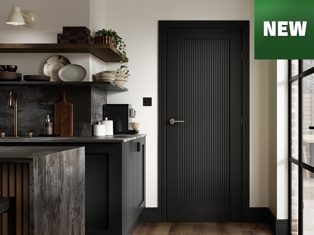 Black interior door with grooves with new logo