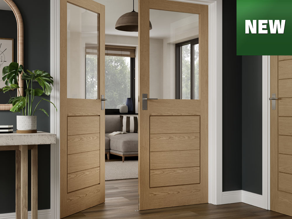 Glazed oak interior door reflecting light from an adjacent room with new logo