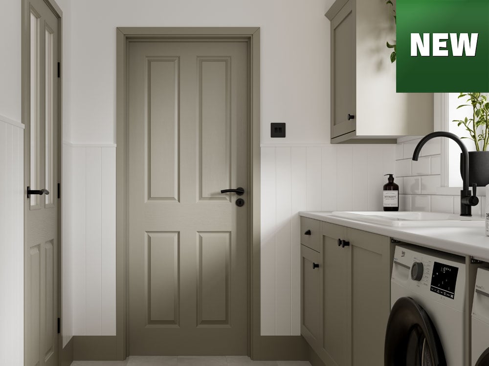 Neutral-toned grained door in a bright utility room with new logo