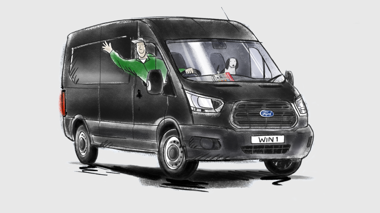 Tradesman in a black transit van with a dog