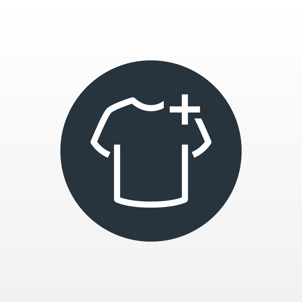 Laundry buying guide icon showing a white outline of a tshirt and a plus symbol on a black circle.