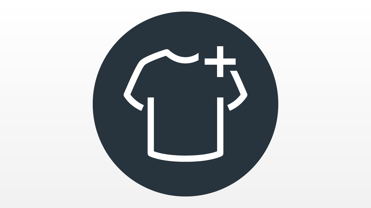 Laundry buying guide icon showing a white outline of a tshirt and a plus symbol on a black circle.